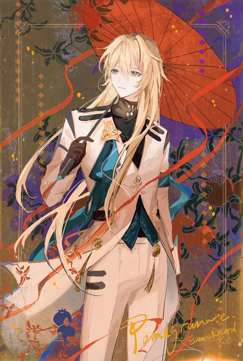 1boy male focus blonde hair long hair green eyes gloves solo  illustration images