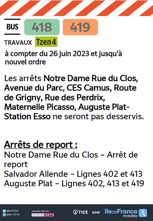 EvryEss_IDFM's tweet image. #InfoTrafic Nouvelles déviations suite aux travaux du Tzen4. #bus418 #bus419 #bus402