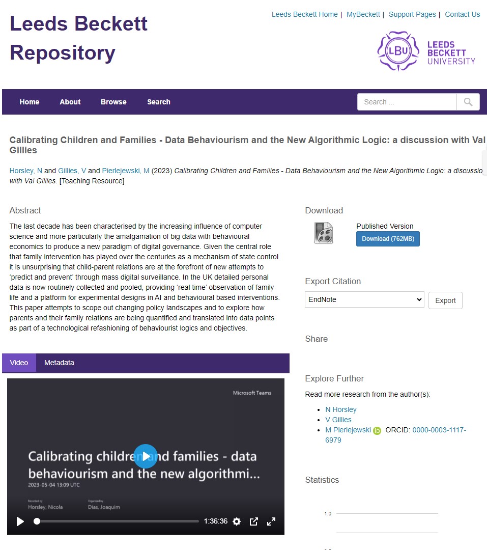 BeckettResearch's tweet photo. The #webinar Calibrating Children and Families is now available in LBU #Repository. Explore how child-parent relations are quantified and translated into data points. A discussion with Val Gillies. Access the recordings now! #BigData #BehaviouralEconomics https://t.co/g3hX8o3nA5 https://t.co/IbkXDPrcnT