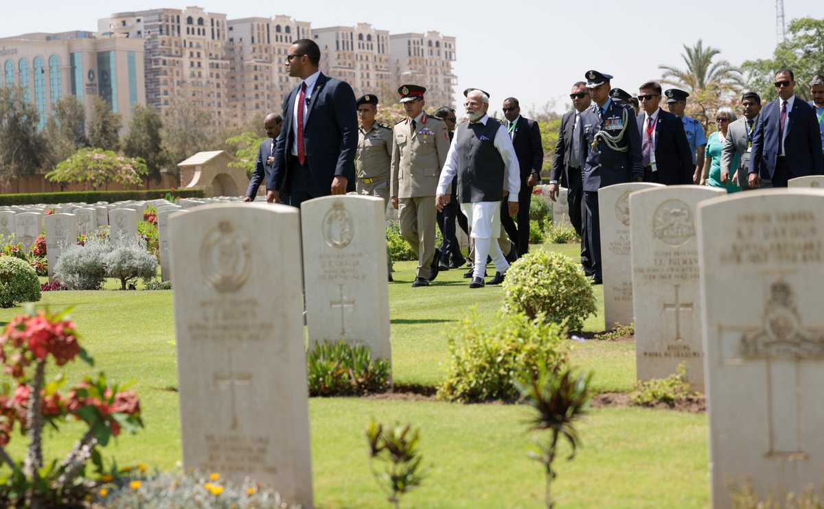CWGC's tweet photo. Thank you @narendramodi for visiting our Heliopolis War Cemetery and Memorial in Egypt where he paid homage to the soldiers who sacrificed their lives in the First World War. 

The Heliopolis Memorial commemorates 4,000 men who served and died with the Indian Army during #WWI https://t.co/fKqykFOHYy