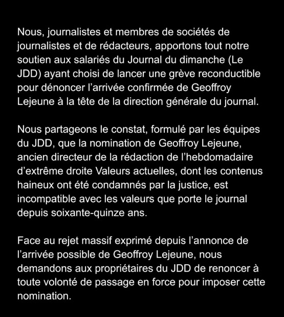 Avec plus de 30 sociétés de journalistes, la SRM apporte son soutien aux confrères @SDJduJDD en grève contre l’arrivée de Geoffroy Lejeune.