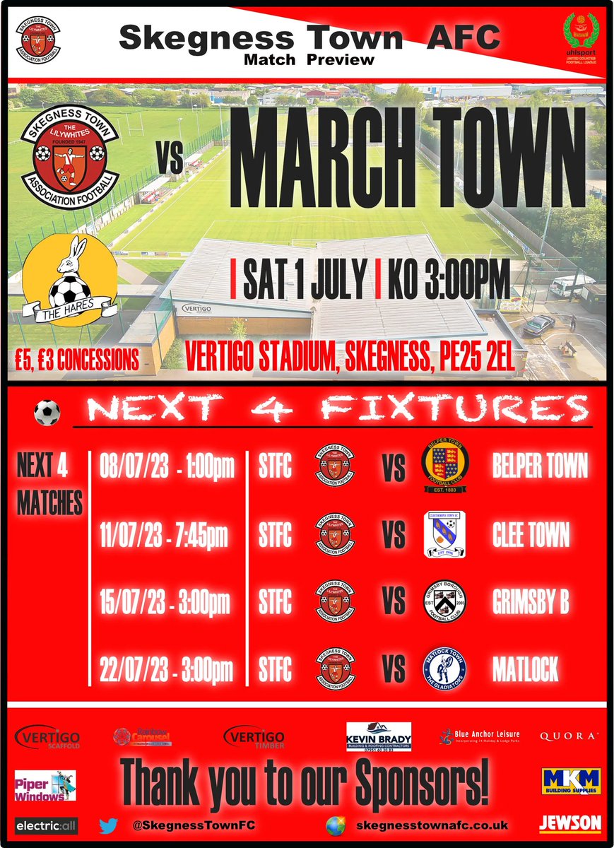 Pre-Season starts this Saturday and we kick off with:
⚽  <a href="/MarchTownFC/">March Town FC</a> 
🏟️ Vertigo Stadium, Skegness, PE25 2EL
🏆 Pre-Season
📅 1 July
⏰ 3:00pm
💷 £5/£3
#COST 🔴 ⚪ 
Get behind your local team!
<a href="/SkegStandard/">Skegness Standard</a> <a href="/SkegnessBuzz/">Skegness Buzz</a> <a href="/NonLeagueCrowd/">Non League Crowds</a> <a href="/UCLFanZone/">UCL Fan Zone</a>