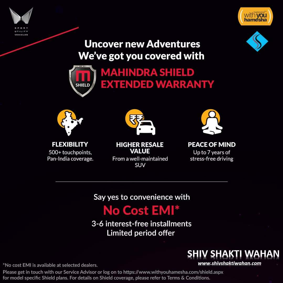 For the first time avail No Cost EMI on Mahindra Shield. Limited period offer. 

Contact Us: shivshaktiwahan.com
Call Us : Darbhanga : 9570231200
              Madhubani : 9570231111
              Khutauna :  9570231106

#Withyouhamesha #MahindraShield #ShivShaktiWahan