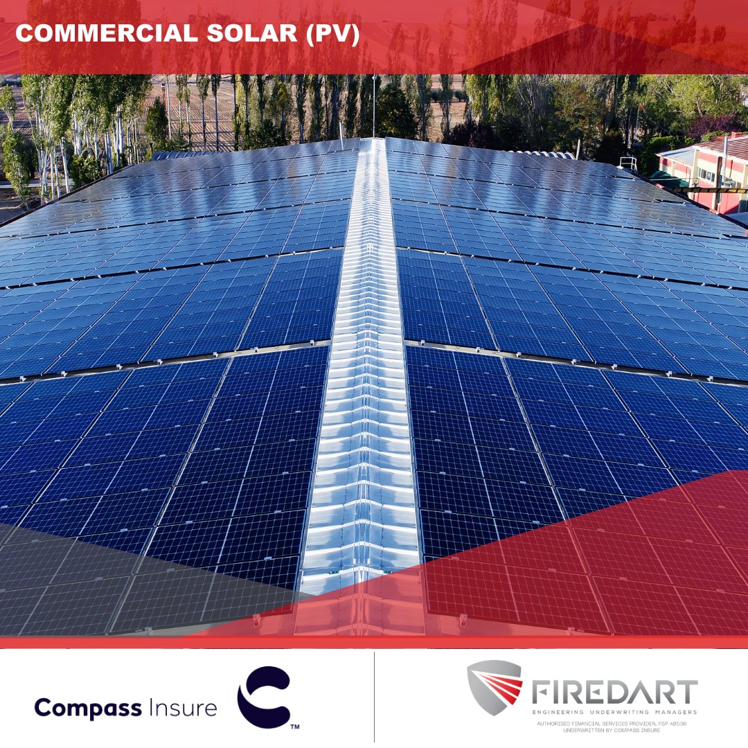 Protect clients' commercial solar plants with Solar PV Insurance. Our policy covers compliant installations. 

Contact us at (011) 833 1400 or info@firedart.co.za. Visit firedart.co.za. 

FSP 40536, underwritten by Compass Insure. 

#SolarInsurance #CommercialInsurance