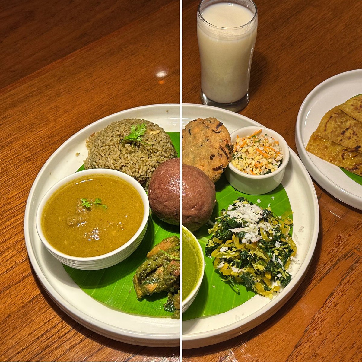 What would you like to have for lunch - non veg #HalliOota or veg Halli Oota?Ragi mudde with mutton saaru + green chicken sukka or mudde with bas saru-harive soppu + Maddur vade, with Double beans Pulao, raita, kosambri, Majjige, holige! Rs.650+taxes veg, Rs.850+taxes non veg