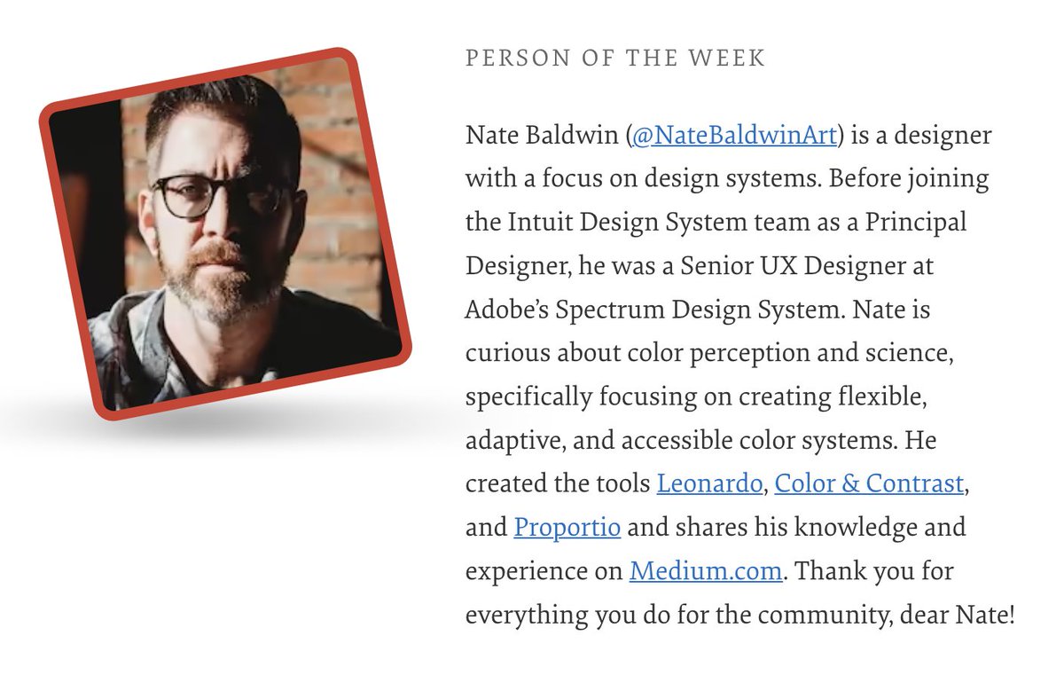 Our Person of the Week is a designer with a focus on design systems and a passion for color perception and science. Drumrolls, please, for... Nate Baldwin!

Thank you for everything you do for the community, dear @NateBaldwinArt!

#smashingcommunity