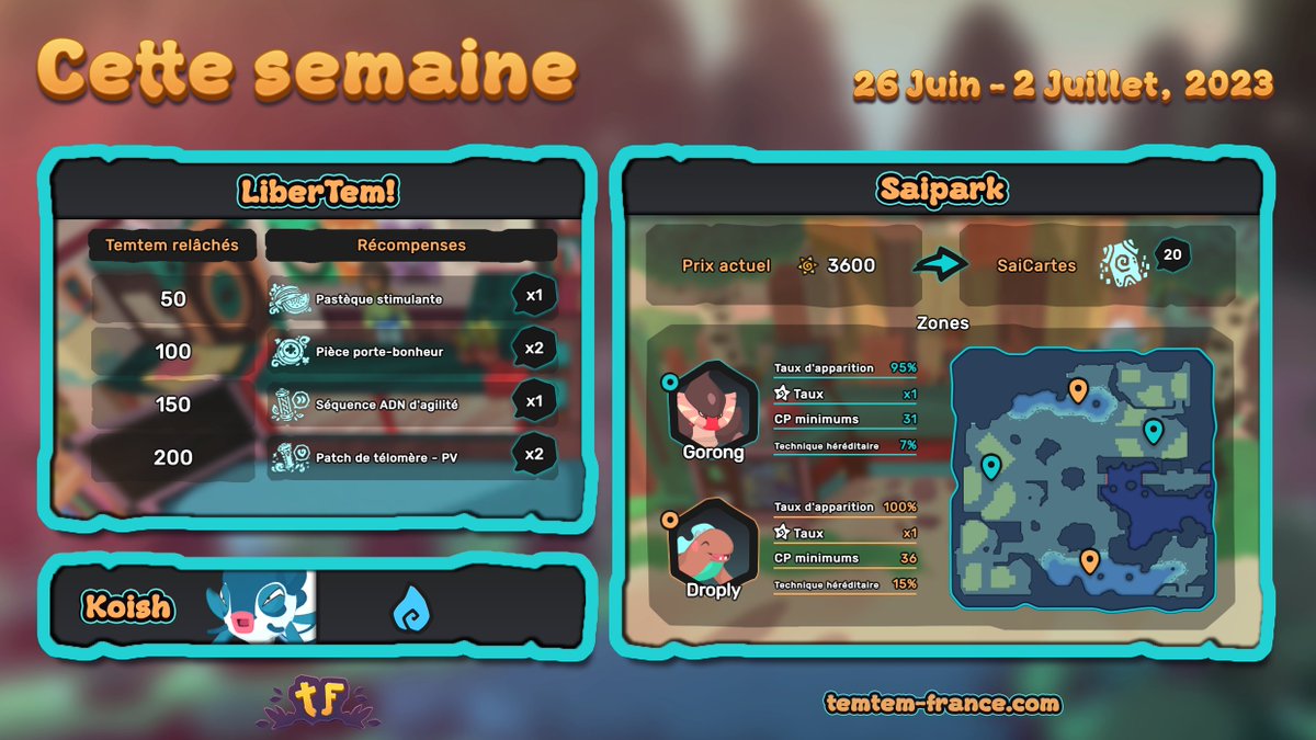 TemtemFrance's tweet photo. Cette semaine sur Temtem 🦍🪱 Configuration du 26 juin jusqu'au 2 juillet 2023.
-
This week in Temtem 🦍🪱 This configuration will run from June 26th to July 2nd, 2023.

👉 https://t.co/HLRMlf2g6I https://t.co/VQ15zSiYwe