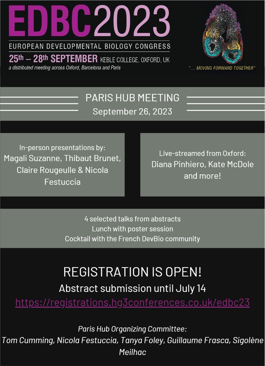 Call to all French Dev&Stem Biologists! Join us at @institutpasteur to attend the #EDBC2023! On Sept 26, in-person meeting in Paris with live talks and a poster session. Register & submit your abstract before July 14!! registrations.hg3conferences.co.uk/edbc23