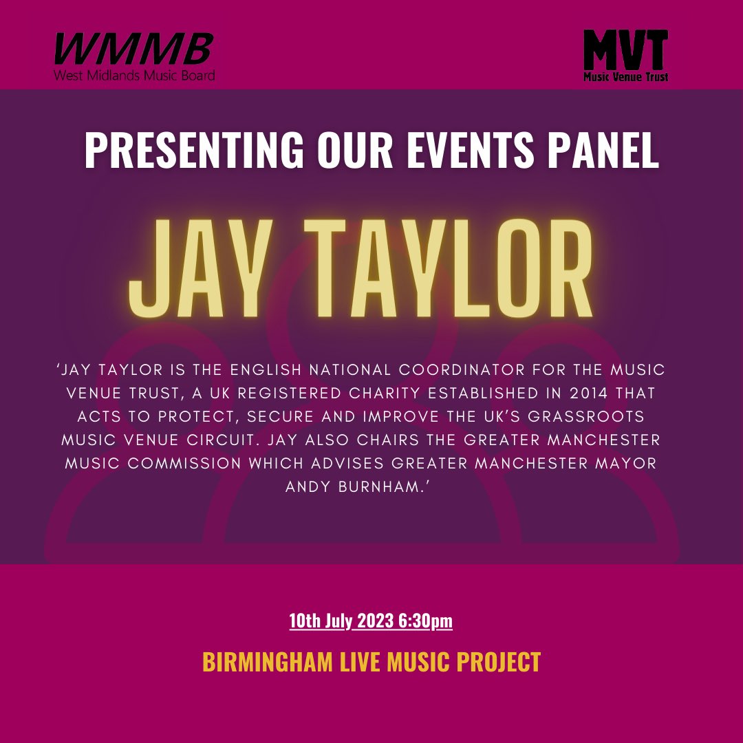 PRESENTING YOU OUR EVENT PANEL -
Firstly, Jay Taylor - The English National Coordinator for the Music Venue Trust. Here is a little bit about Jay Taylor and his experience within the industry. We are looking forward to you being part of our event. 

eventbrite.co.uk/e/west-midland…