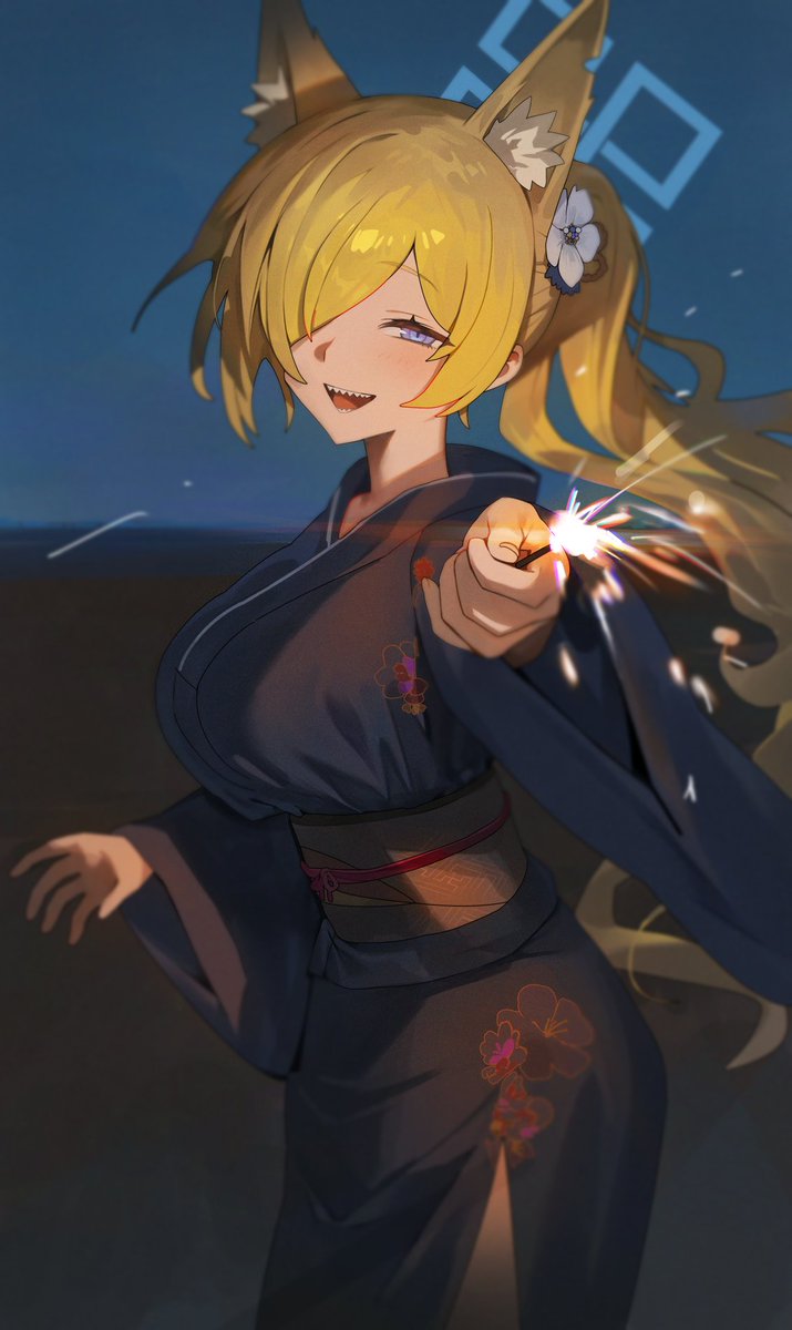 1girl japanese clothes kimono animal ears fireworks hair over one eye blonde hair  illustration images