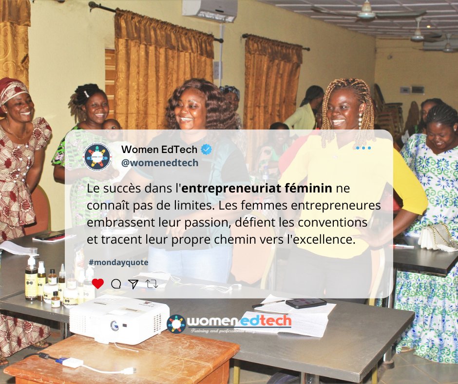 ✨Réussir en #entrepreneuriat demande de la détermination 💪🏾 mais aussi un accompagnement flexible et adapté à vos besoins, c'est ce que <a href="/womenedtech/">Women EdTech</a> vous propose.

𝗘𝘅𝗰𝗲𝗹𝗹𝗲𝗻𝘁𝗲 𝐬𝐞𝐦𝐚𝐢𝐧𝐞 𝐝𝐞 𝐭𝐫𝐚𝐯𝐚𝐢𝐥 𝐚̀ 𝐯𝐨𝐮𝐬.

#womenedtech #mondayquote #motivation
