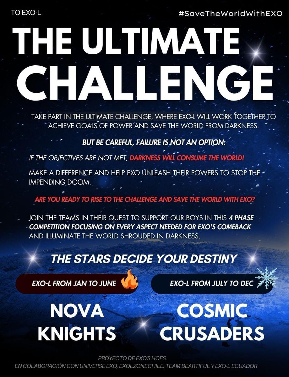 EVSS1485's tweet photo. The stars decide your destiny ✨

Team Nova Knights 🔥
Team Cosmic Crusaders ❄

The ultimate challenge is here 😎

Full details👇
 🔗 https://t.co/nkCxjSn1p2

#TheUltimateChallenge 
#EXO @weareoneEXO https://t.co/EVucuemy6r