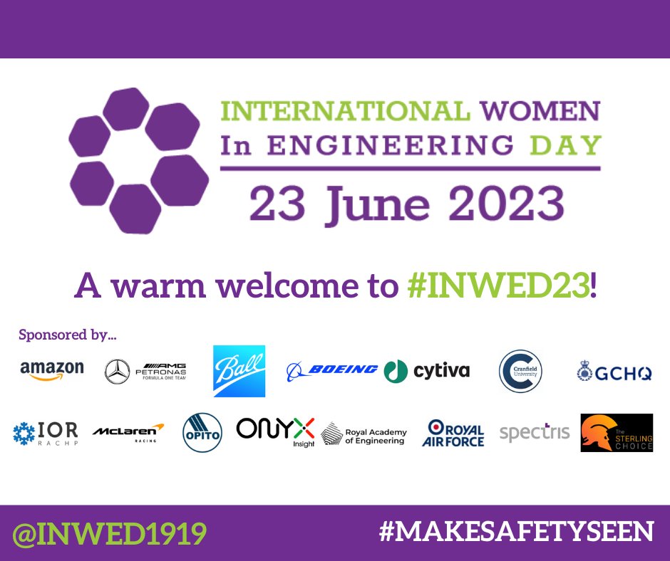 Huge thanks to our #INWED23 sponsors for helping us promote diversity, inclusion & equality in engineering @amazon @MercedesAMGF1 @BallCorpHQ @Boeing @Cytiva @CranfieldUni @GCHQ @thecoolinghub @McLarenF1 @OPITOGlobal @ONYXInSight @RAEngNews @RoyalAirForce Spectris @sterlingchoice