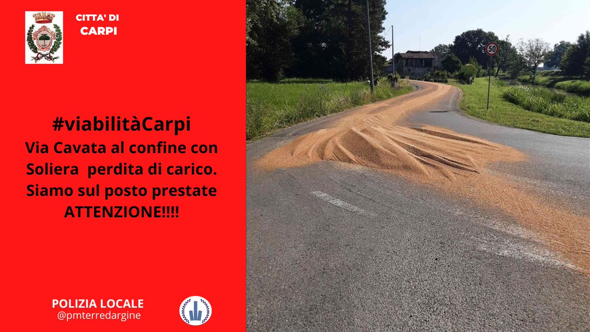 #PMTerredargine #viabilitàCarpi #accadeora siamo in via Cavata al confine con #Soliera per una perdita di carico. Sono iniziate le operazioni di pulizia della carreggiata👉Prestate ATTENZIONE!!!