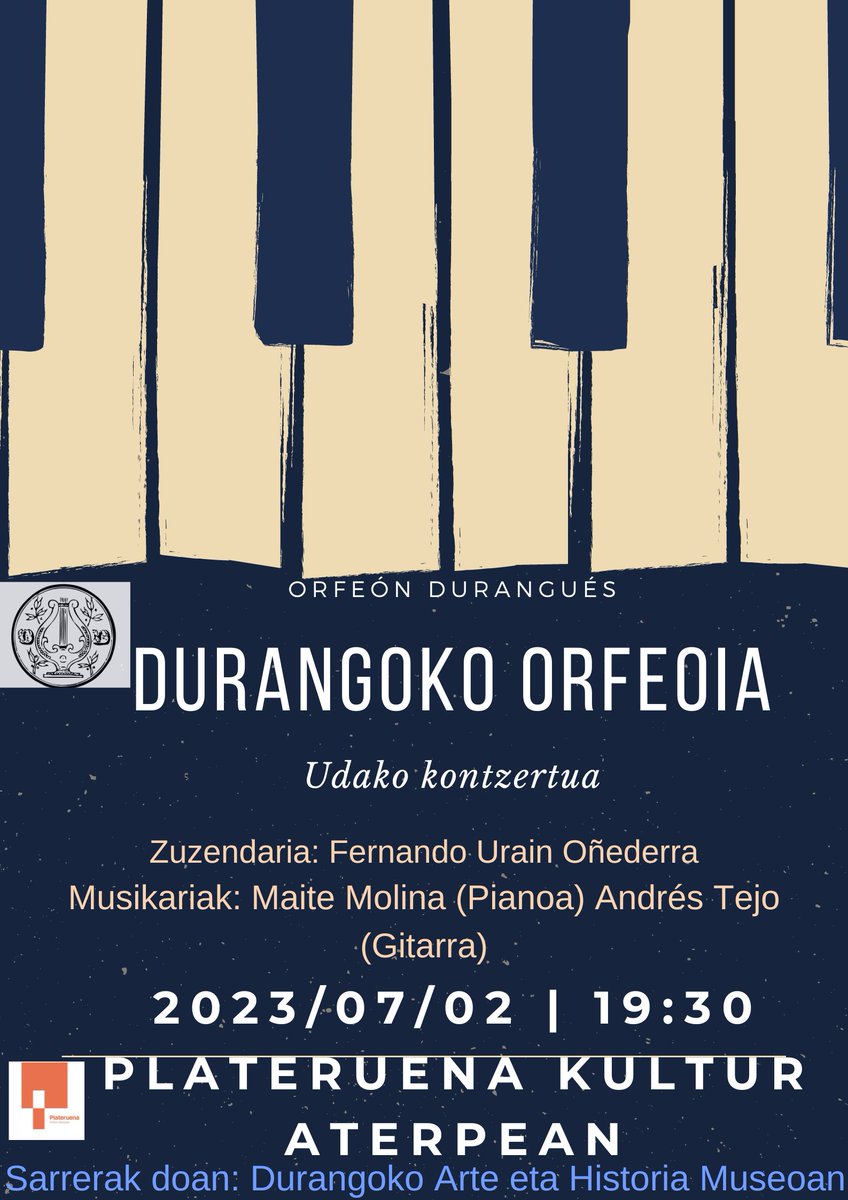 eta aste honetarako zer?
- Ekainaren 29an Bertso Saioa Tabiran
- Uztailaren 2an ¡Qué buen día hace! Tabiran
- Uztailaren 2an Durangok Orfeoiaren Udako kontzertua Plateruenan (gonbidapenak Museoko Txarteldegian)

#udagiro2023 #durango #agenda #kultura