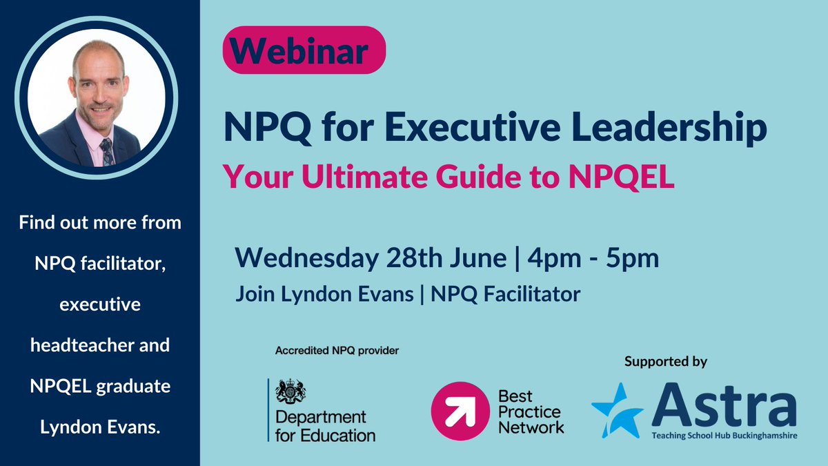 NPQEL Focus Week - webinar on 28 June
Take the next step in your teaching career! Can you make a positive impact as a leader in your school? Sign up for our free webinar on NPQ Executive Leadership to learn more
@bestpracticenet 
#npq #npqel #teaching #leadership