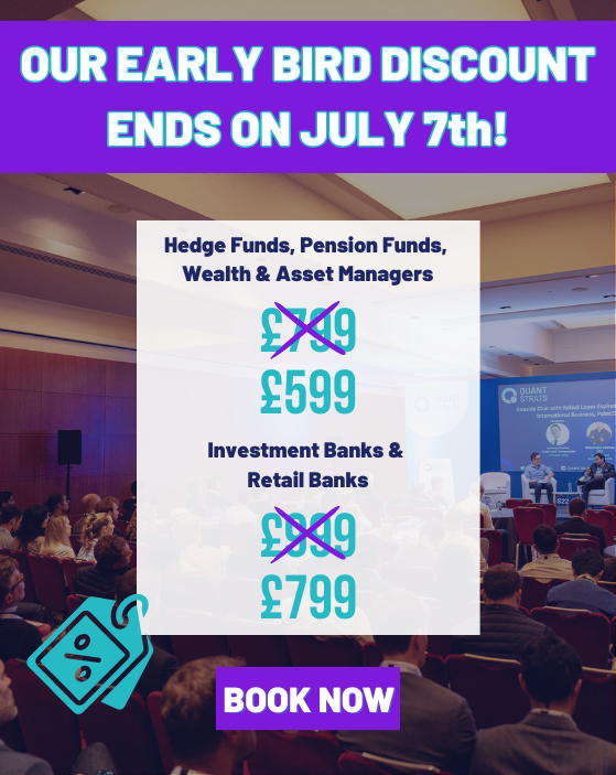 quantstrats's tweet photo. ⏲️ Time is running out...
There are only 11 more days left for you to get our Early Bird discount for Quant Strats 2023!
👉 Click here to save on your ticket: https://t.co/pc61dLBR1b
#QS23 #QuantStrats #macrorisk #hedgefunds #asset https://t.co/l3QDS0D6pT