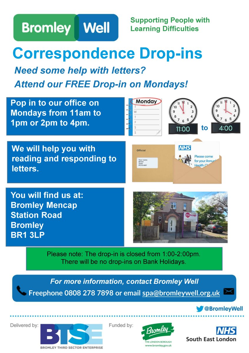 BromleyMencap's tweet photo. Come along to the @BromleyWell Correspondence Drop-in today. Colleagues will help you with letters, emails and any other literacy issues. No need to book. Just turn up to our office at Station Road, Bromley, BR1 3LP between 11am-1pm or 2-4pm. https://t.co/SbrV06Zmog