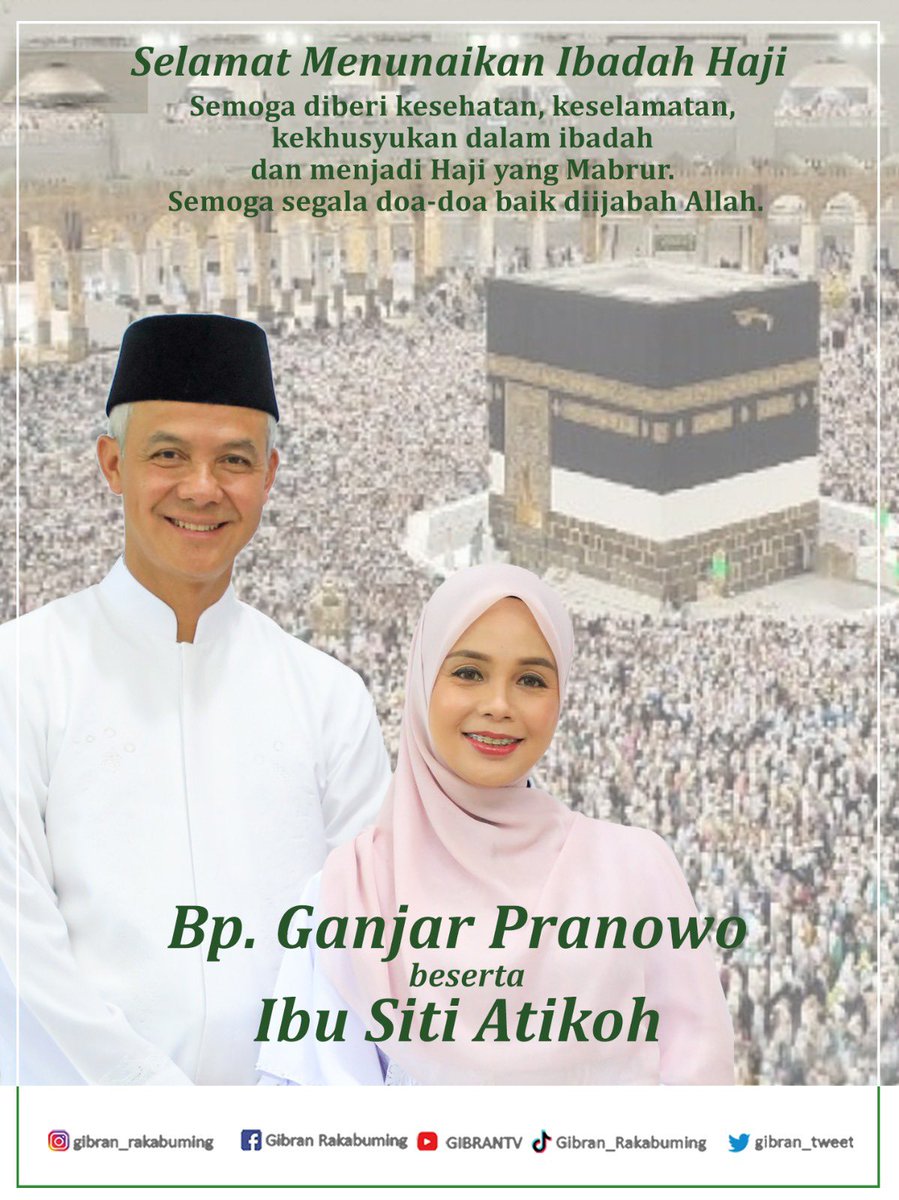 Selamat menunaikan ibadah Haji, Pak Gubernur @ganjarpranowo beserta ibu Siti Atikoh.

Semoga diberi kesehatan, keselamatan, kekhusyukan dalam ibadah dan menjadi Haji yang Mabrur. Semoga segala doa-doa baik diijabah Allah.

Aamiin.