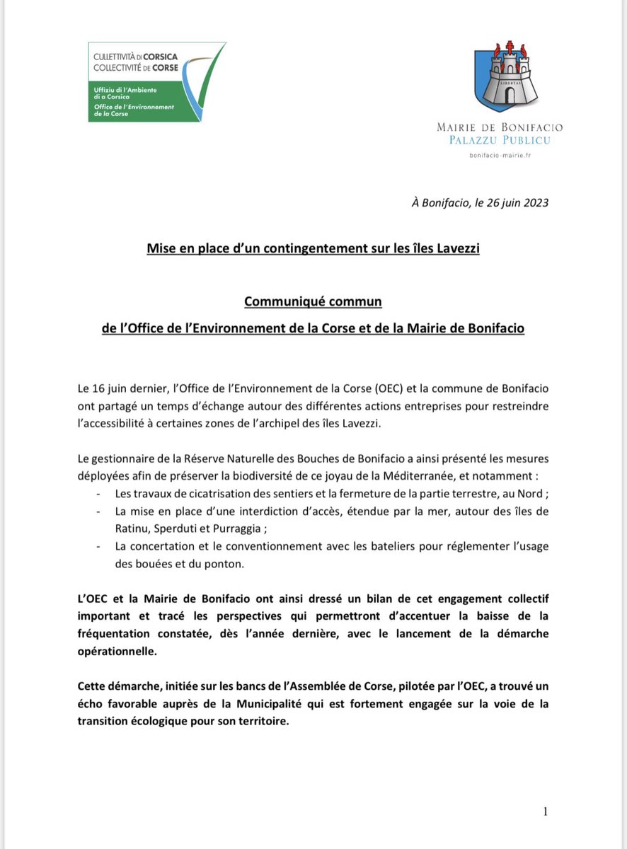 MairieBonifacio's tweet photo. 🤝Communiqué Mairie &amp; @oecorse
La Commune demeure favorable à l’instauration d’un contingement sur les Lavezzi. 
Elle sera particulièrement vigilante afin que 
- le libre accès, la gratuité aux Bonifaciens soient garantis
-  la priorité soit donnée aux sociétés bonifaciennes. https://t.co/szJtjHiHiS