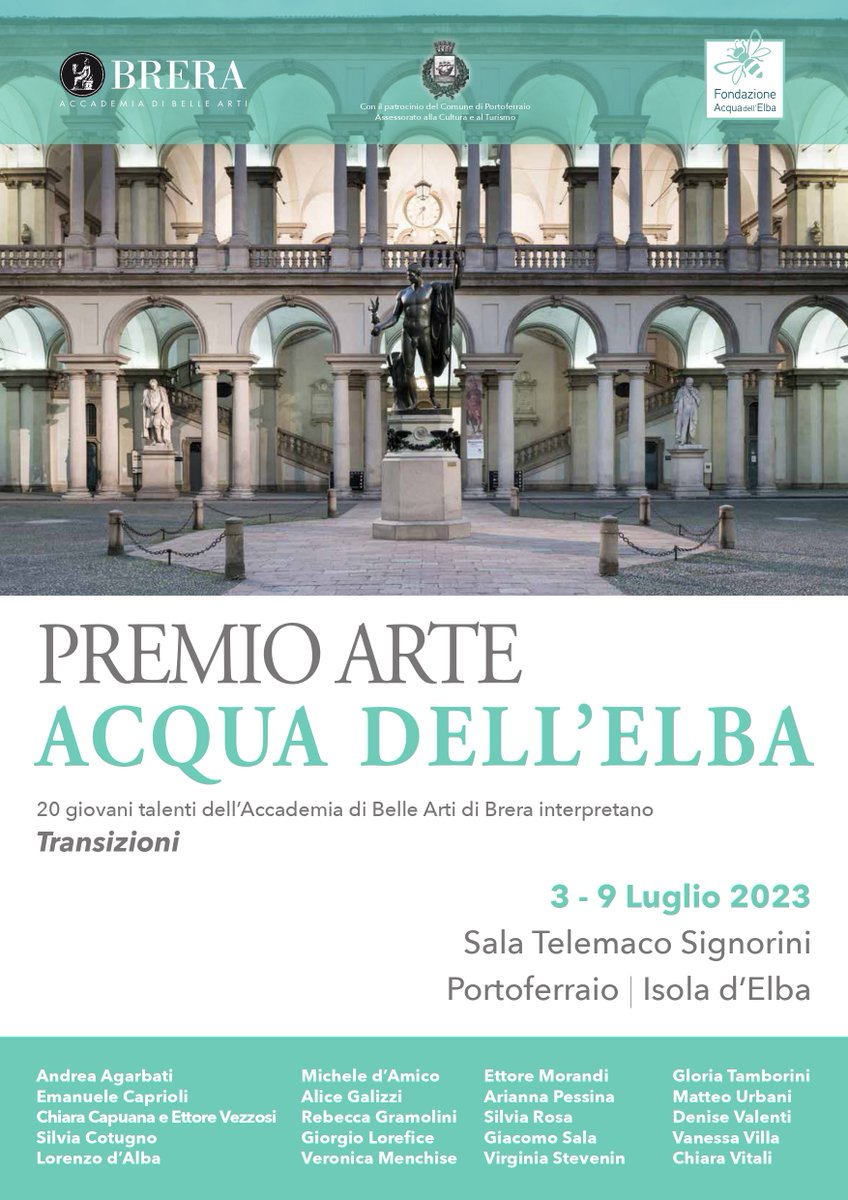 Dal 3 al 9 luglio le opere di artisti dell’Accademia di Belle Arti di Brera,in concorso per la 7a edizione del Premio Arte acqua dell’Elba, saranno esposte presso la Sala Arti visive Telemaco Signorini di Portoferraio.
Le tre migliori opere saranno premiate con 3 borse di studio.