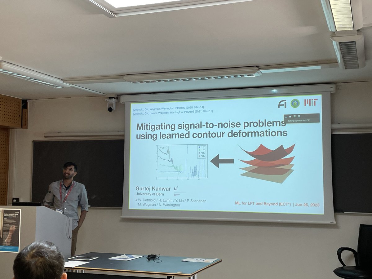 rothkopfAK's tweet photo. First up Gurtej Kanwar @unibern @MIT on using #machinelearning to attack the signal to noise challenge in #latticeQCD. Actually a manifestation of the ubiquitous #signproblem and thus amenable to integration contour deformations here constructed systematically via ML. https://t.co/T91Hq1OZIz
