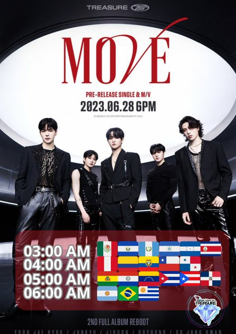 DLatamFT's tweet photo. [⏳] HORARIOS DE LANZAMIENTO ✨

📍 T5  " MOVE"📍
🗓️28.06.23
⏰6 PM KST

Continúa con la transmisión del vídeo del DANCE PRACTICE

#MOVE_RELEASE
#T5MOVE
#TREASURE

@treasuremembers https://t.co/0ouw0AsAJ4