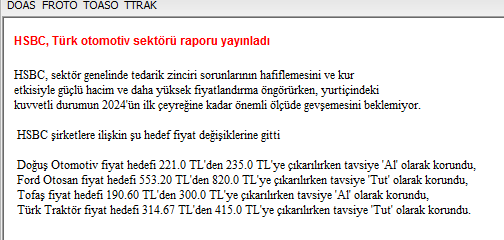 HSBC Otomotiv Sektörü Hedef Fiyat  Güncellemesi
👇👇👇👇

#Doas 221.0 TL'den 235.0 TL'ye   
#Froto 553.20  TL'den 820.0 TL'ye  
#Toaso 190.60 TL'den 300.0 TL'ye  
#Ttrak 314.67 TL'den 415.0 TL'ye