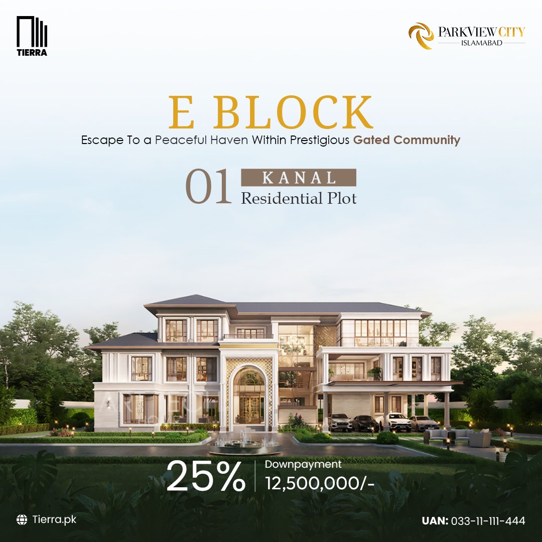 Experience the epitome of luxury & tranquility in the exclusive E-Block of gated ParkView City community. Nestled amidst breathtaking surroundings, PWC community offers a haven of security, privacy, and elevated living standards. 

#ParkviewCity #TierraAssocaites