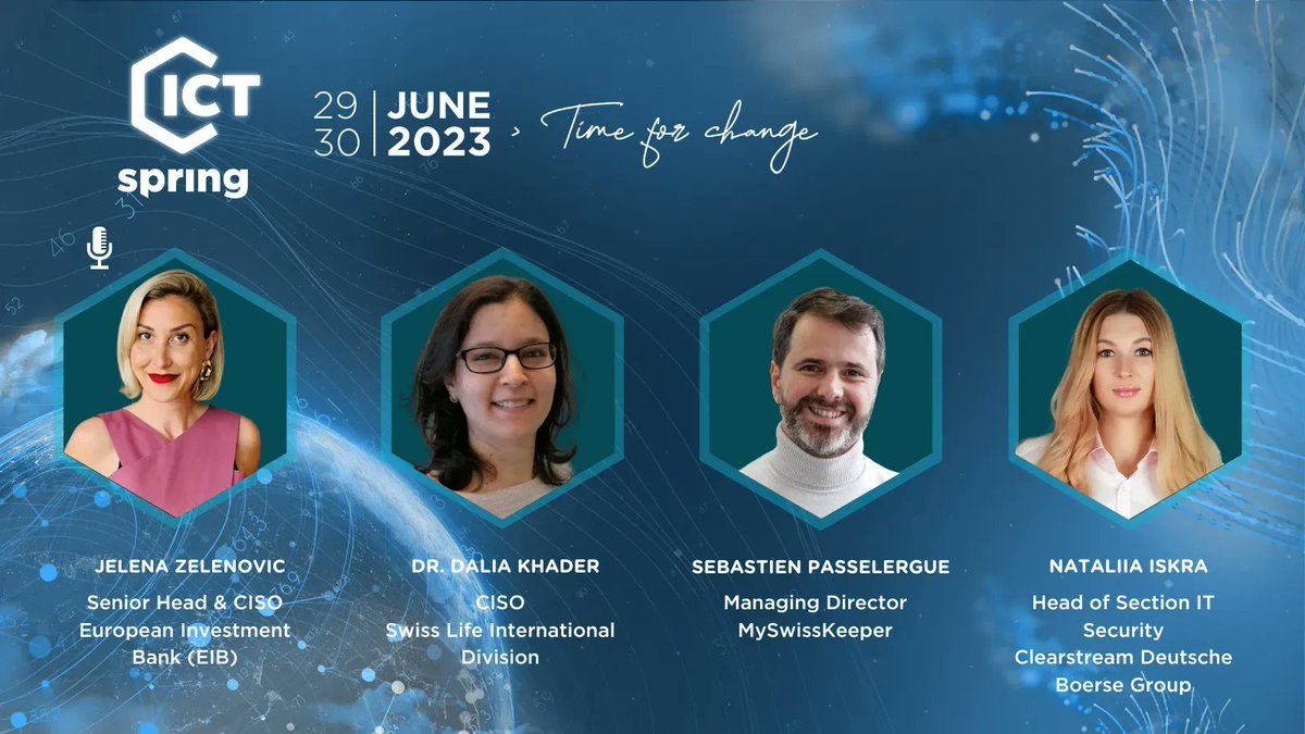 Here's to another round of seasoned personalities who will discuss "Emerging risks and how to address them?" at #ICTSpring 🛡️

Jelena Zelenovic - <a href="/EIB/">European Investment Bank</a> 
Dr. Dalia Khader - <a href="/SwissLife_GS/">SL Global Solutions</a>  
Sebastien Passelergue - My Swiss Keeper   
Nataliia Iskra - <a href="/Clearstream/">Clearstream</a> <a href="/DeutscheBoerse/">Deutsche Börse Group</a>