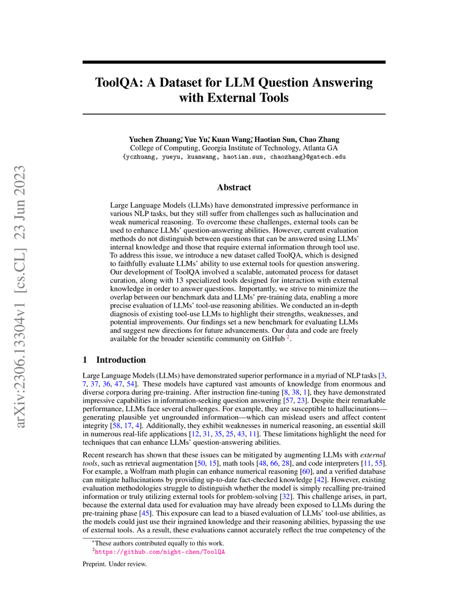 ToolQA: A Dataset for LLM Question Answering with External Tools
arxiv.org/abs/2306.13304…