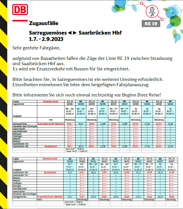 Regio_Mitte's tweet photo. #RE19 #VorabInfo #Bauarbeiten #SNCF #DB
#Sarreguemines <> #Saarbrücken https://t.co/dg94CrJvxJ