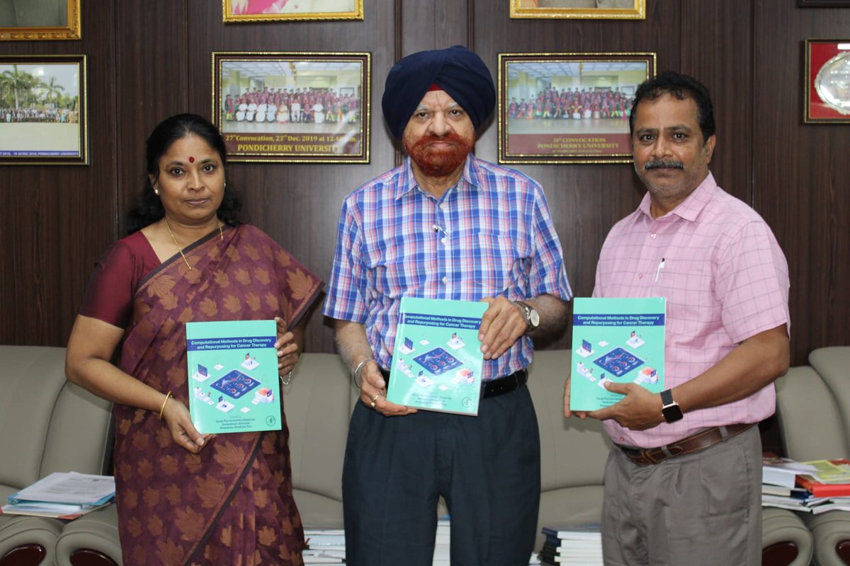 PondiUniVC's tweet photo. Prof.@GurmeetSinghVC  released a book on  “Computational Methods in Drug Discovery &amp; Repurposing for Cancer Therapy, 2023, edited by  Dr. Ganji, Division of Hematology &amp; Oncology, University of Alabama, Dr. V. Amouda and Prof. Dinakara Rao,  Department of Bioinformatics, PU. https://t.co/2IZSnRWlS4
