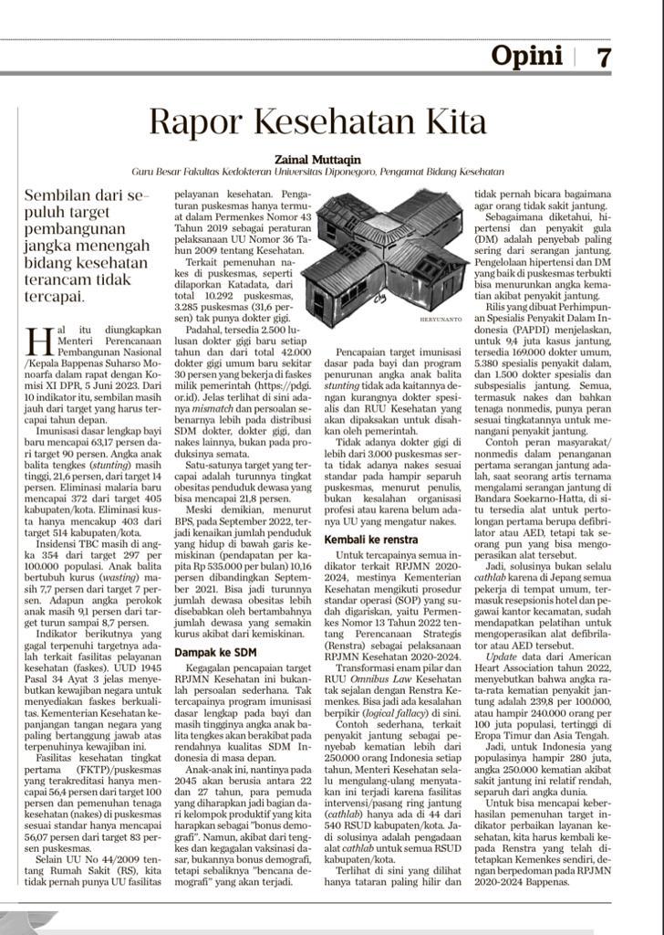 Rapor Kesehatan Kita

Artikel Opini
Oleh Prof. DR. Dr. Zainal Muttaqin, PhD., Sp.BS
Guru Besar Fakultas Kedokteran Universitas Diponegoro, Pengamat Bidang Kesehatan