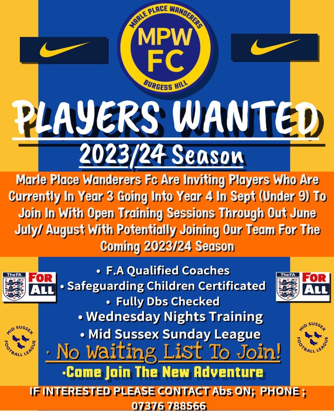 marle_place's tweet photo. 🚨 Some More Great News 🚨

🗣️Next season we are making a under 9s team and looking for players…. 

🗣️Great bunch of kids and plenty of playing time for all involved. 

@BurgessHillTC @burgesshillnews @MPWanderers please share with anyone you may know!! 

🔵🟡 https://t.co/ShYnAsBNSJ