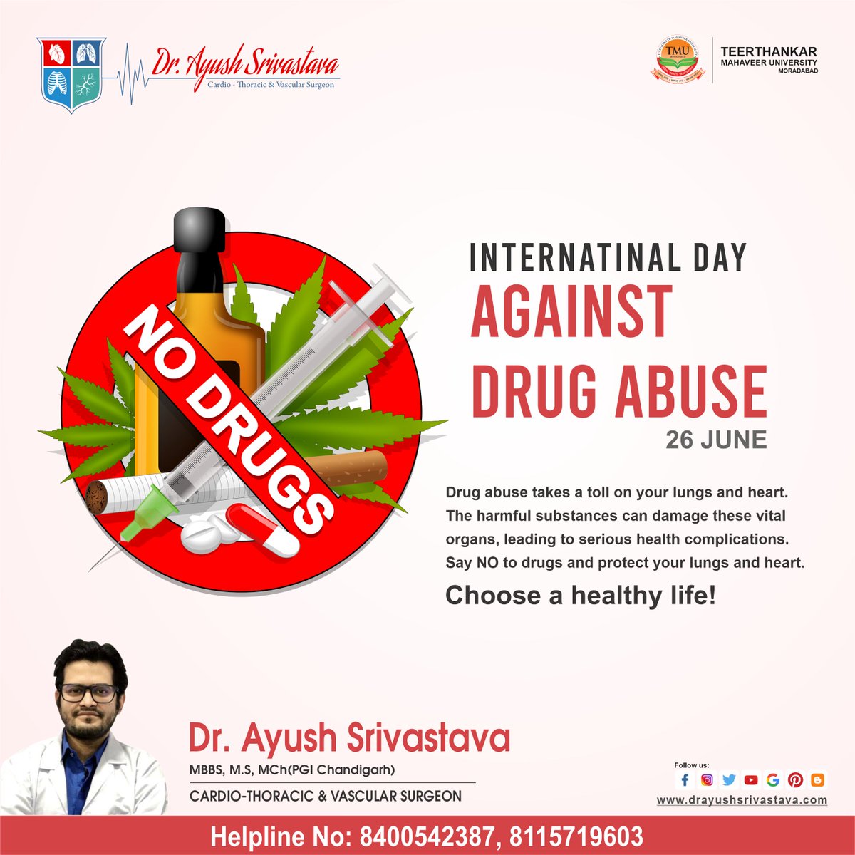 Internatinal Day Against Drug Abuse
26 JUNE

Drug abuse takes a toll on your lungs and heart. The harmful substances can damage these vital organs, leading to serious health complications. Say NO to drugs and protect your lungs and heart. 

#nodrugabuse #stopdrugabuse