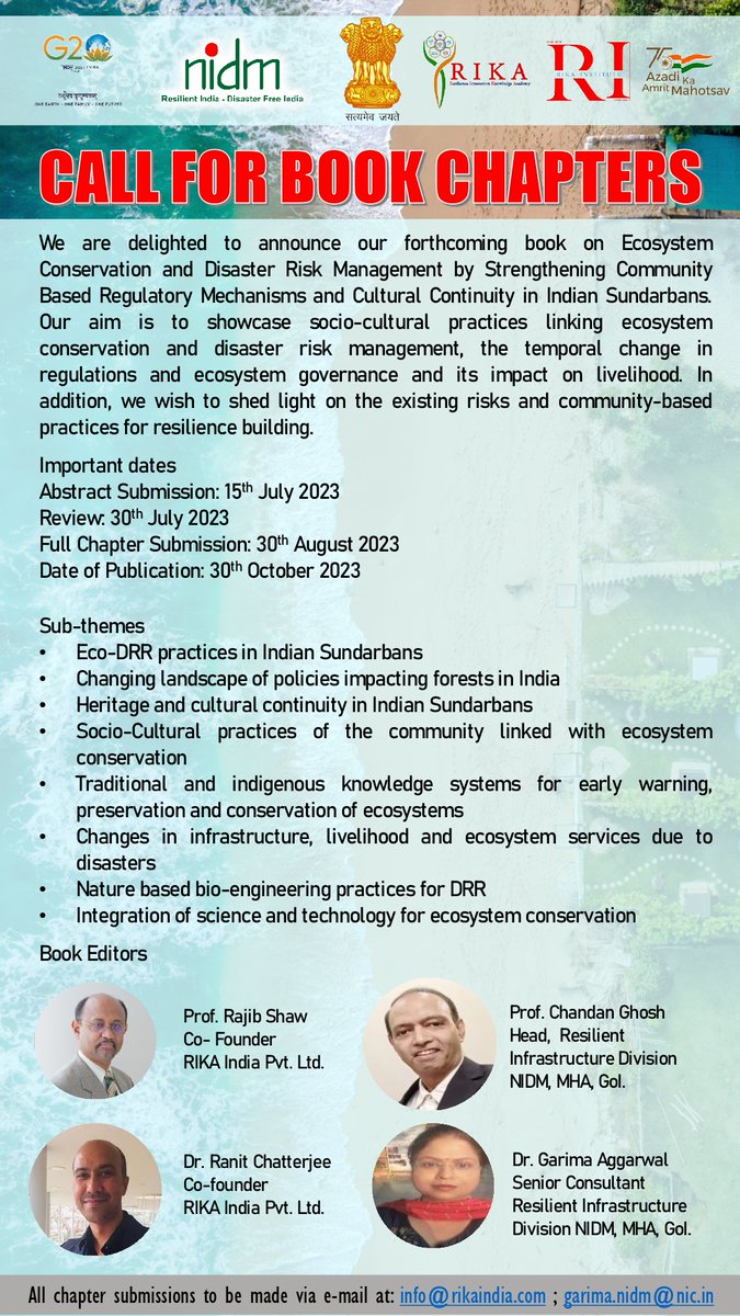 nidmmhaindia's tweet photo. 📢 Call for Book Chapters! 📚

Join us in contributing to a groundbreaking book on "Ecosystem Conservation and Disaster Risk Management by Strengthening Community Based Regulatory Mechanisms and Cultural Continuity in Indian Sundarbans." 🌿🌊

@rratnoo @cghosh24 @rajibshaw https://t.co/rbuMOVHGKg