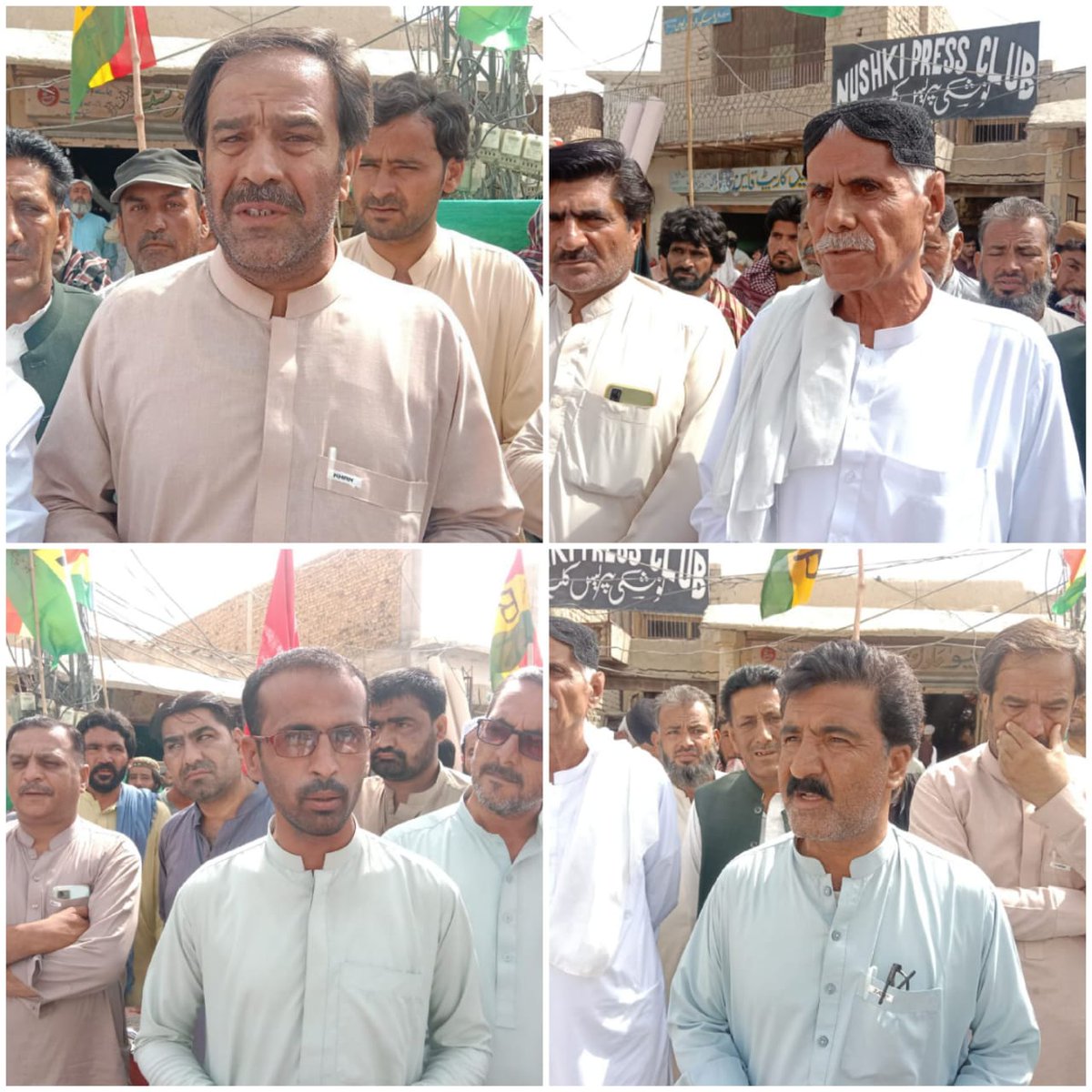 ڈیتھ سکواڈ کے خلاف مسئلہ وڈھ پر پریس کلب نوشکی کے سامنے احتجاجی مظاہرے سے بلوچستان نیشنل پارٹی کے مرکزی پروفیشنل سیکریٹری نذیر بلوچ، سی ای سی ممبر میر خورشید احمد جمالدینی، بلوچ اسٹوڈنٹس آرگنائزیشن کے مرکزی سنٹرل کمیٹی کے ممبر آغا الیاس شاہ اور بلوچستان نیشنل پارٹی نوشکی کے ۔