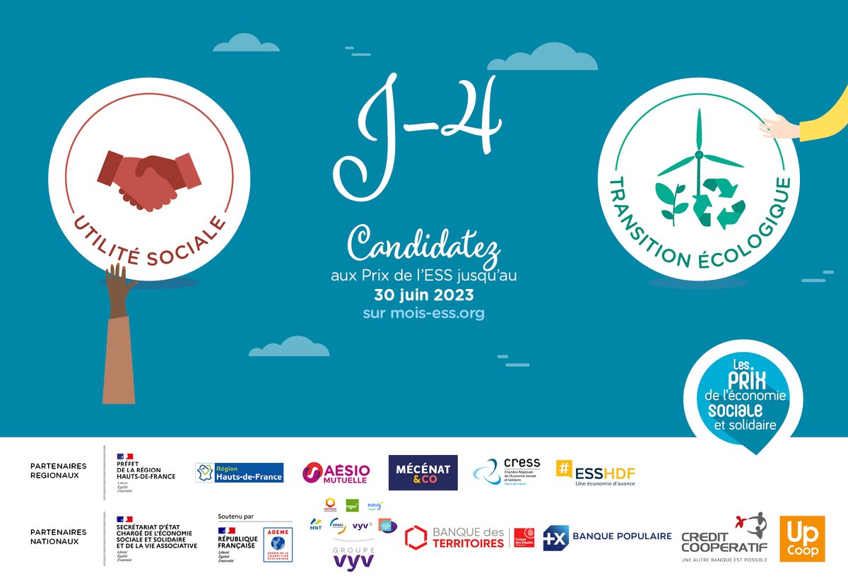 CressHdf's tweet photo. #Coopératives, #mutuelles, #fondations, #associations et #sociétés commerciales de l'#ESS peuvent candidater aux Prix de l'ESS 2023 〰️https://t.co/vQNW28PjiQ
Vous portez un projet d’utilité sociale ou de transition écologique ? 🏆
#ESS #PrixESS22 @CressHdf @AesioMutuelle https://t.co/l86TU9kyec