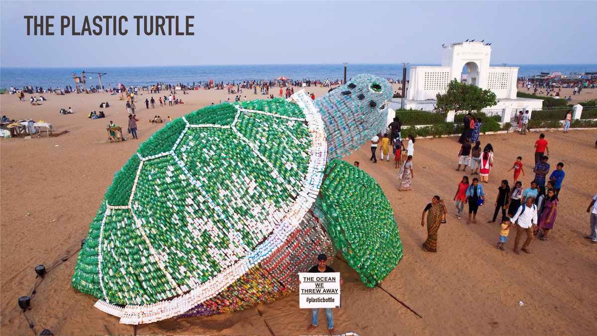 kinggowtham's tweet photo. Colloborated with @timesofindia. Using 600kgs of waste #plasticbottle we created a #plasticturtle for #unplasticindia  to create awareness on single use plastic Join us at bessy chennai. This #Artinstallation is a symbol of #sustainability

#sustainableliving #marinelife #plastic https://t.co/q3lGrterEY