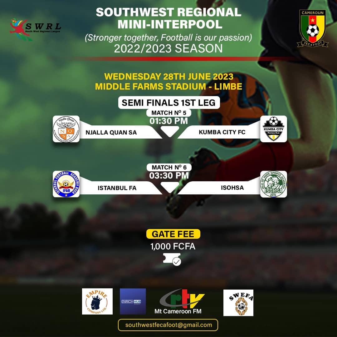 @Fecafoot_SWR 2022-2023 Mini Interpools semi finals shall be played at 🏟️Middle Farms Stadium in #Limbe on Wednesday 

@FecafootOfficie 
#MiniInterpools
#StrongerTogether
#Football_Is_Our_Passion