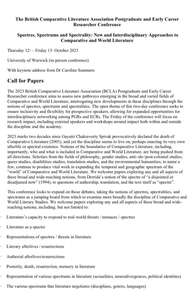BCLA_Official's tweet photo. 📣 CALL FOR PAPERS 📣

The BCLA PG and ECR Conference
‘Spectres, Spectrums and Spectrality: New and Interdisciplinary Approaches to Comparative and World Literature’

🗓 Thursday 12th - Friday 13th October 2023 

📍University of Warwick 

⏰ Deadline for submissions: 31st July https://t.co/3GJLiusdtV