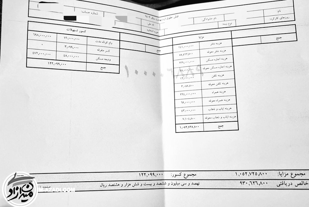 saeed_maaleki's tweet photo. فیش حقوقی ۱۰۰میلیونی منتسب به آن نماینده ی خاص #مجلس را دیده اید؟! یعنی ۱۰ برابر حقوق دریافتی من! فقط ندانستم چرا هزینه ی تلفن همراه یک بار آمده و یک بار هم ۳۰ میلیون تومان به نام هزینه ی همراه آمده! این همراه دوم دقیقا یعنی چه؟! https://t.co/la2Bc0kMsa