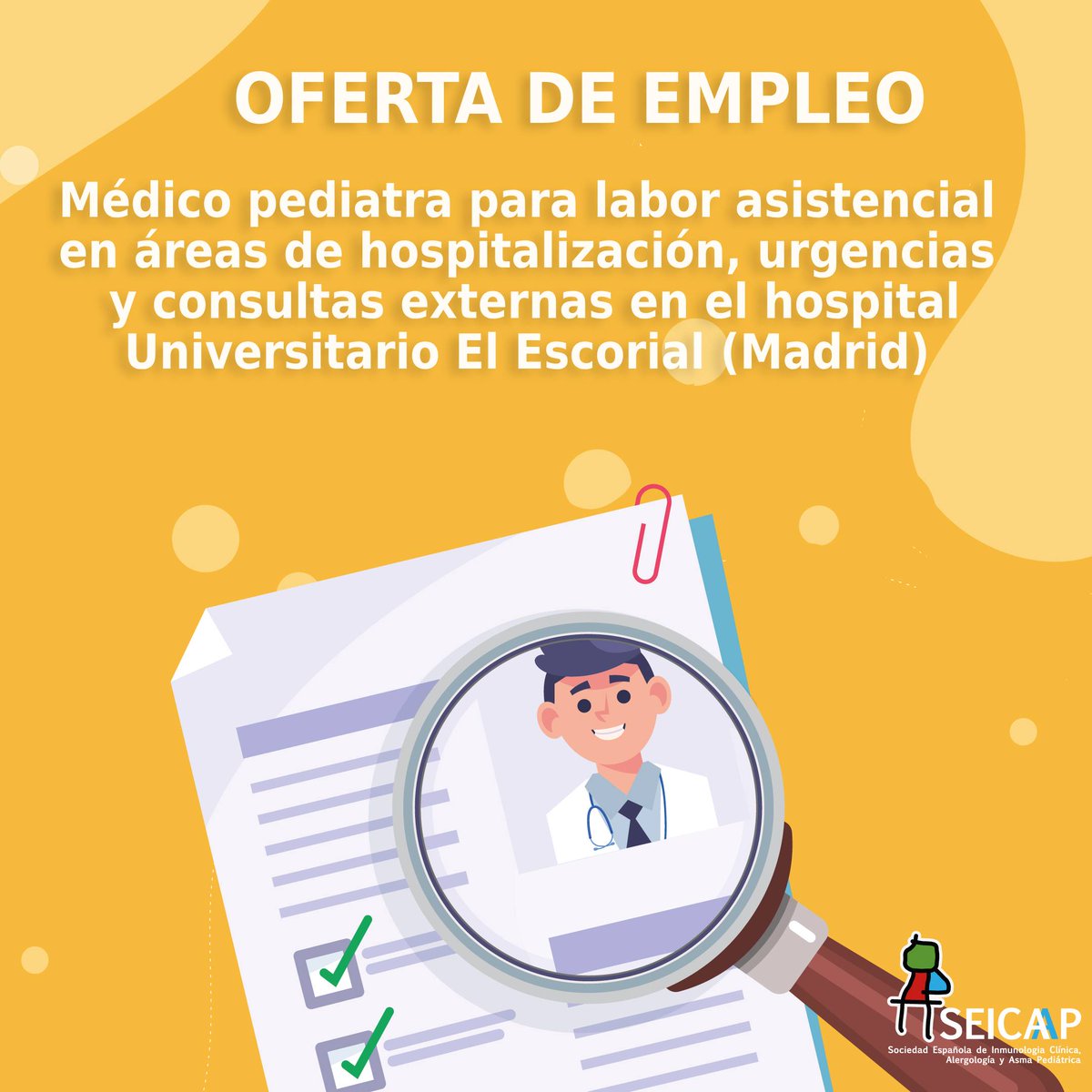 SEICAP's tweet photo. 🔴Oferta de trabajo 

ℹ️El Hospital Universitario El Escorial precisa de un/a médico pediatra para labor asistencial en áreas de hospitalización, urgencias y consultas externas.  

Contrato de larga duración

Toda la información y contacto aquí👇
https://t.co/cQarVYV8HH https://t.co/9ALy8F3306