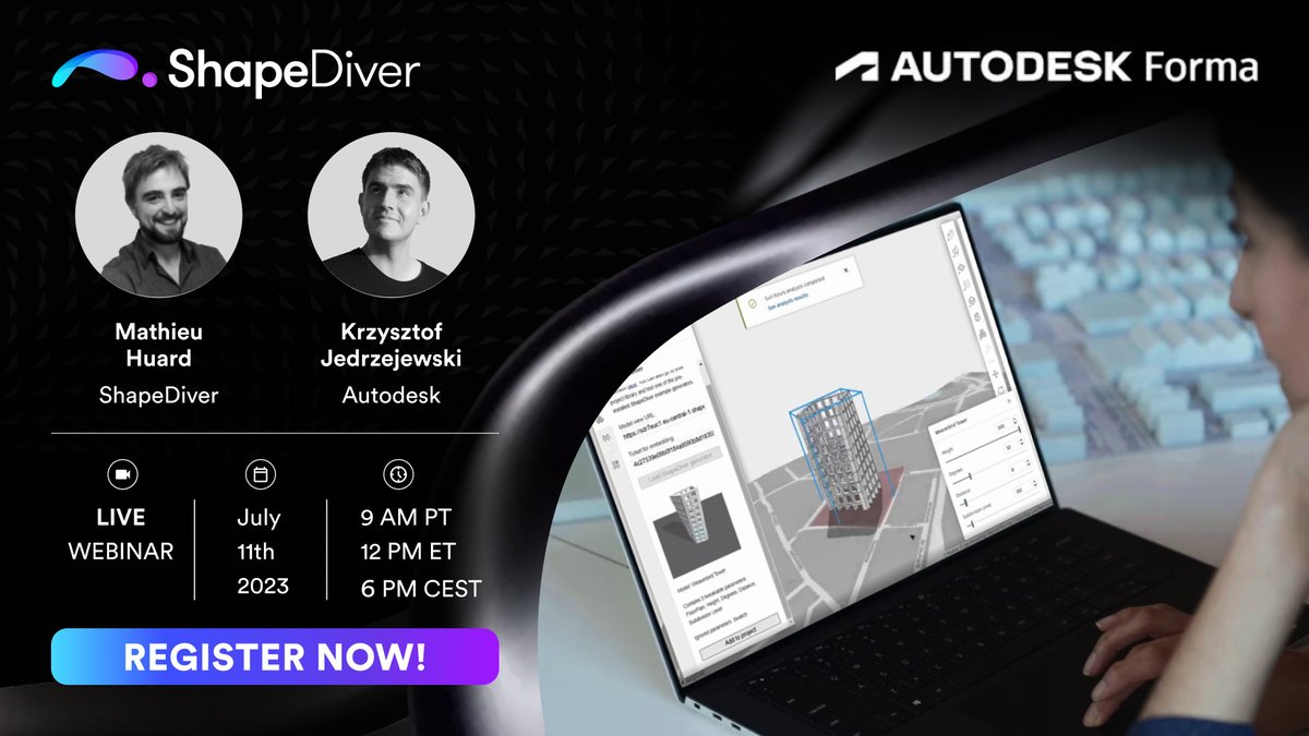 ShapeDiver's tweet photo. Join us on Tuesday, July 11th, 2023, for a webinar showcasing the new ShapeDiver extension (BETA) for Autodesk Forma.

👉 Register now: https://t.co/OhADu7nAMG

#Autodesk #AutodeskForma #Grasshopper3D #GH3D #Rhino3D #ParametricDesign #AEC #UrbanPlanning #Architects #Webinar https://t.co/6uSjyyamiM
