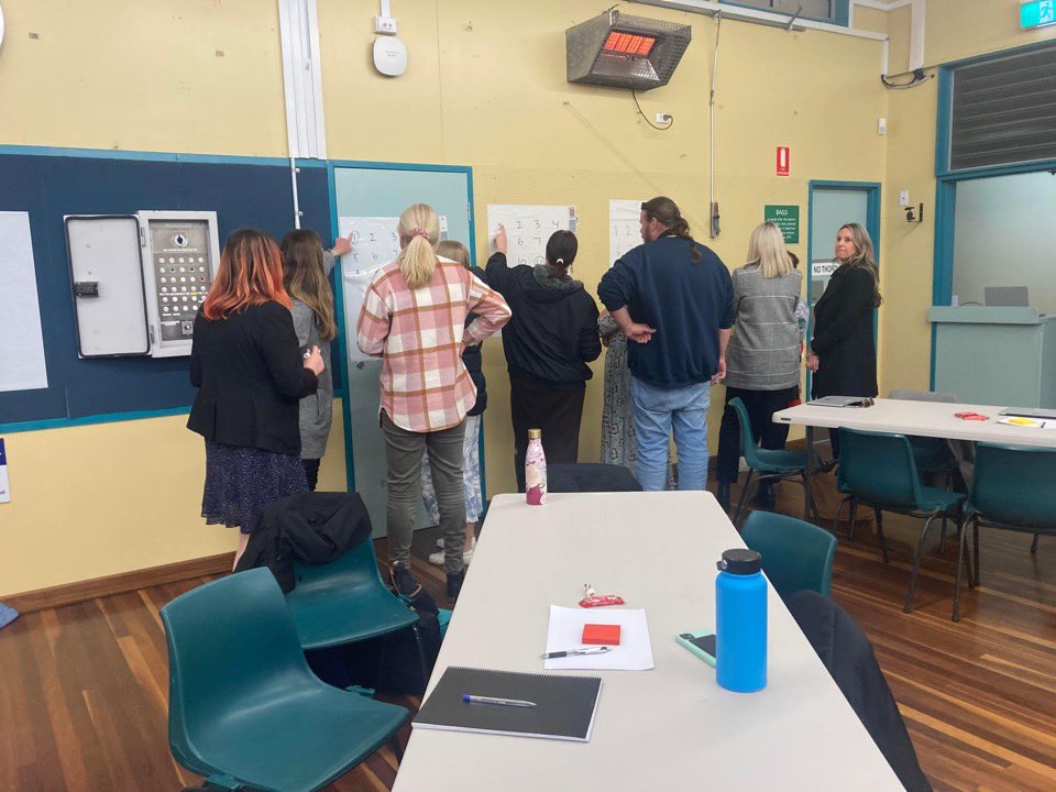 Some photos of our Kiama #ThinkingClassrooms workshop - definitely some examples of being “in task”! We focused on the first three practices: vertical non-permanent surfaces, visibly randomised grouping, and a non-curricular “thinking” task 🧠🖍️🎲 @MaeganGiroux @pgliljedahl