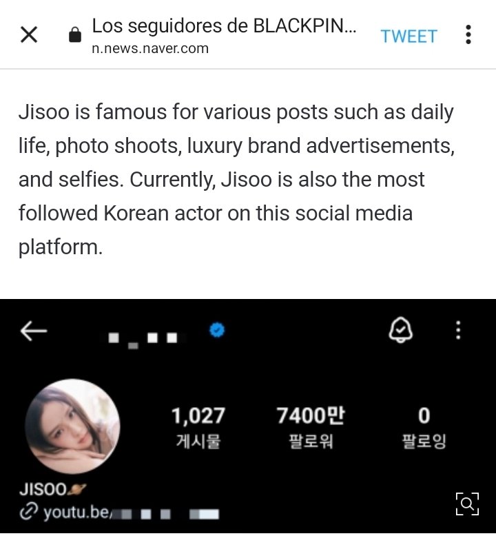 JISOO's Instagram followers exceed 74 million, the #3 K-pop artist. 

'jisoo is famous for various posts such as daily life, photoshoots, luxury brand advertisements, and selfies. Currently, #JISOO is also the MOST followed Korean actor on the platform Social media.'
