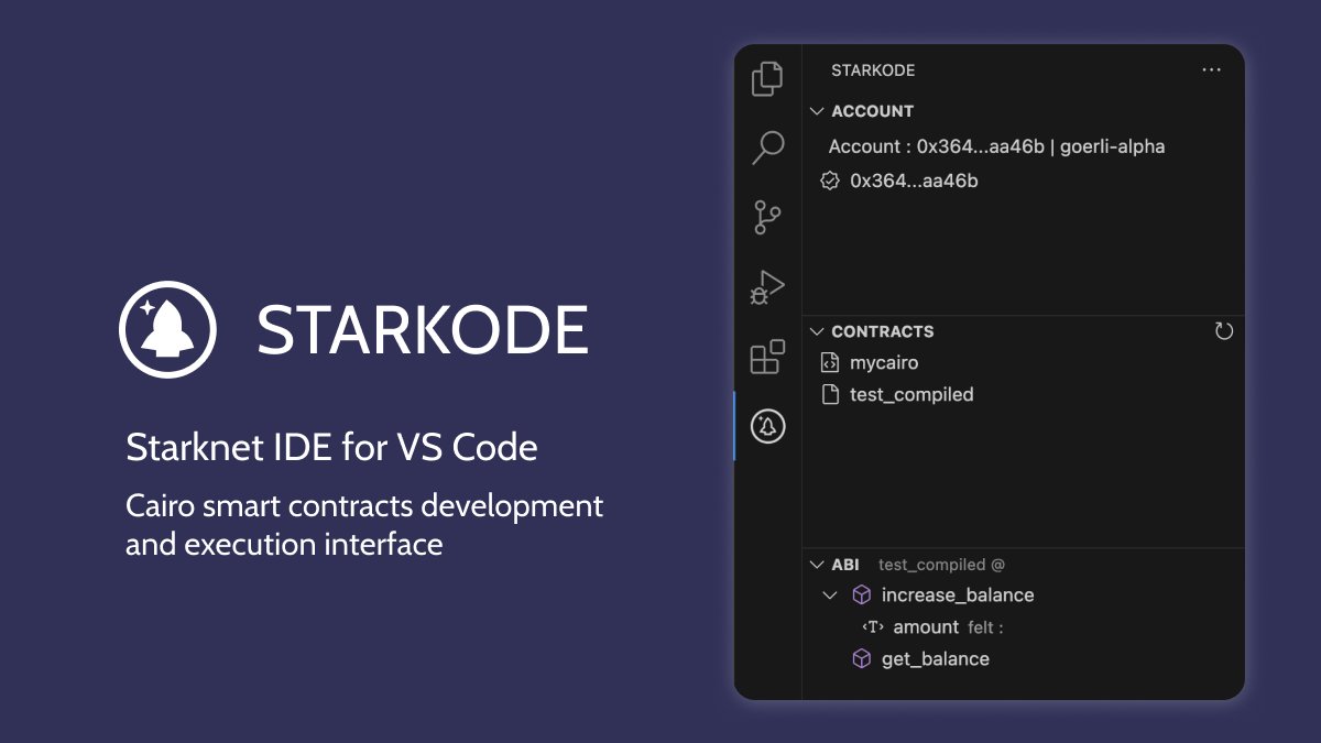 _mathcody's tweet photo. 🚀 Exciting news for all #StarkNet developers! 🎉 We're thrilled to announce the public beta release of Starkode v0.0.2, the StarkNet IDE integrated into VS Code! 🔥✨
Available in VS Code marketplace
Github: https://t.co/ccnja8paLt
@Starknet #Cairo  #WEB3 #vscode #blockchain https://t.co/YD0nIKe0rG