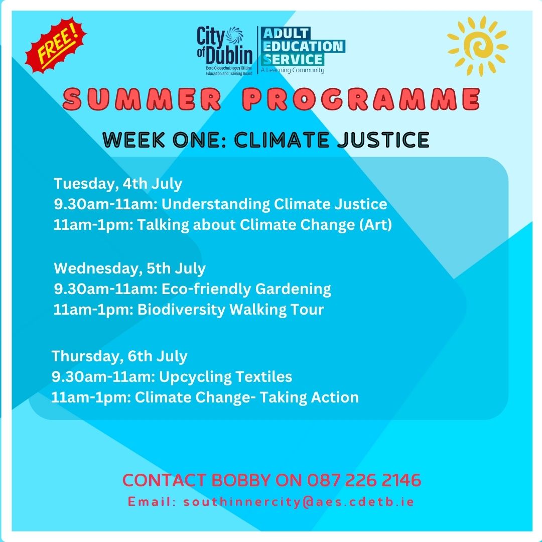 We have just a few spaces left in Climate Justice week @warrenmountcentre
Contact Bobby today to secure your spot. 

#climatejustice #sustainability #upcycling #loveourplanet #community #ecofriendly #noplanetb #climateaction #earth 

@CityofDublinETB 
@DublinCityLibraries