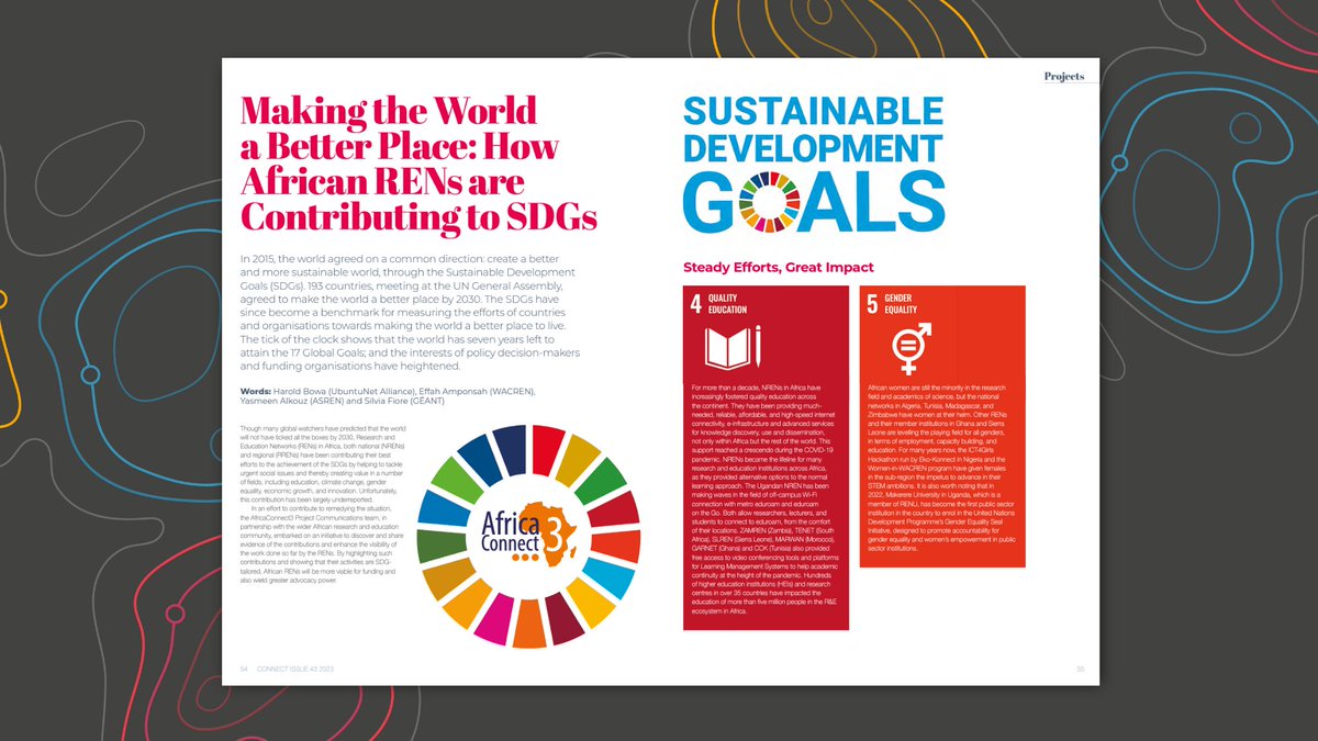 GEANTnews's tweet photo. The article "MAKING THE WORLD A BETTER PLACE: How African RENs are Contributing to SDGs" is featured on the latest CONNECT magazine #CONNECT43
🔍https://t.co/LIoGCP2YZK https://t.co/8El8LR56m4